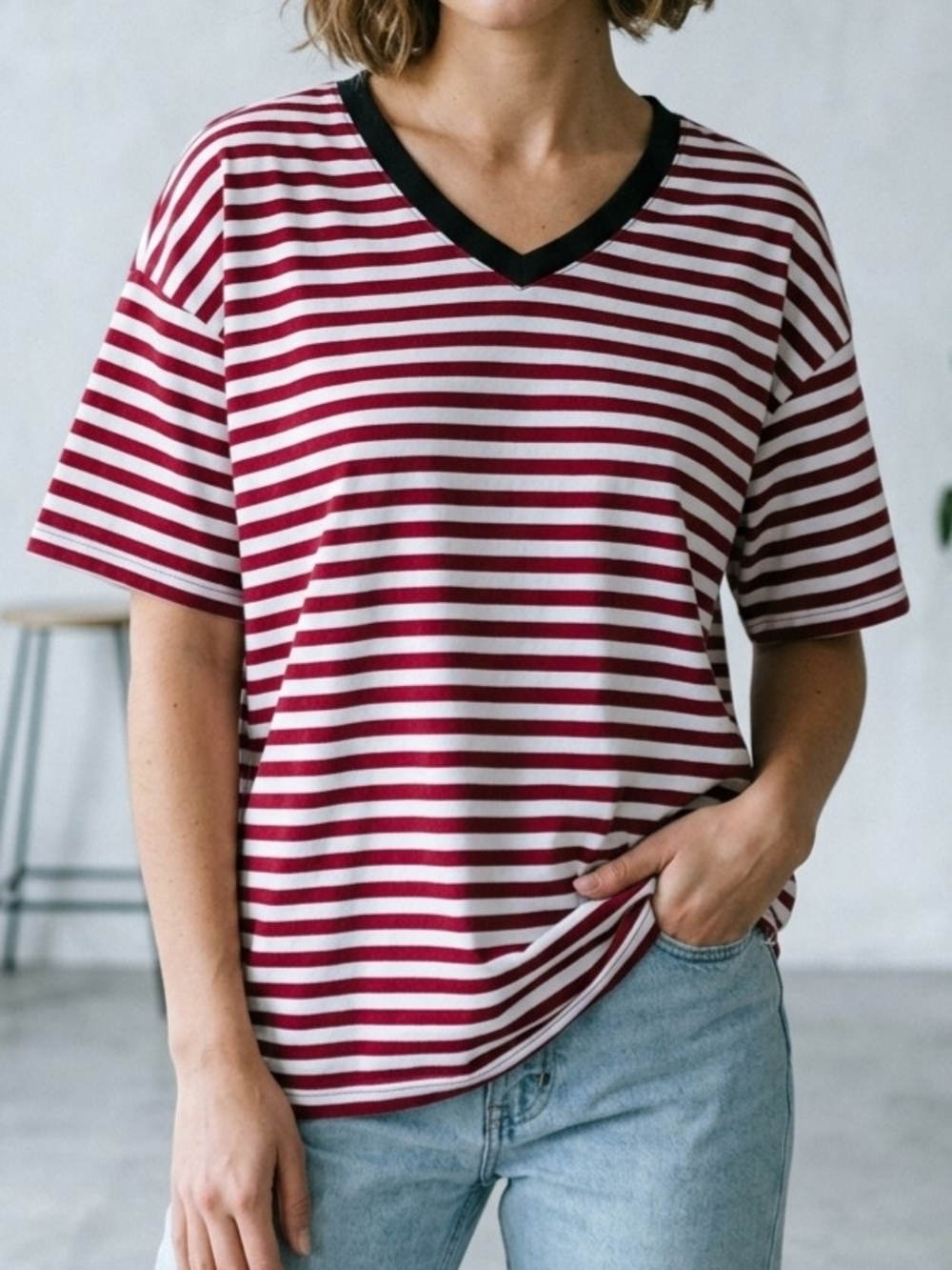 Striped V-Neck Tee - Burgundy & White